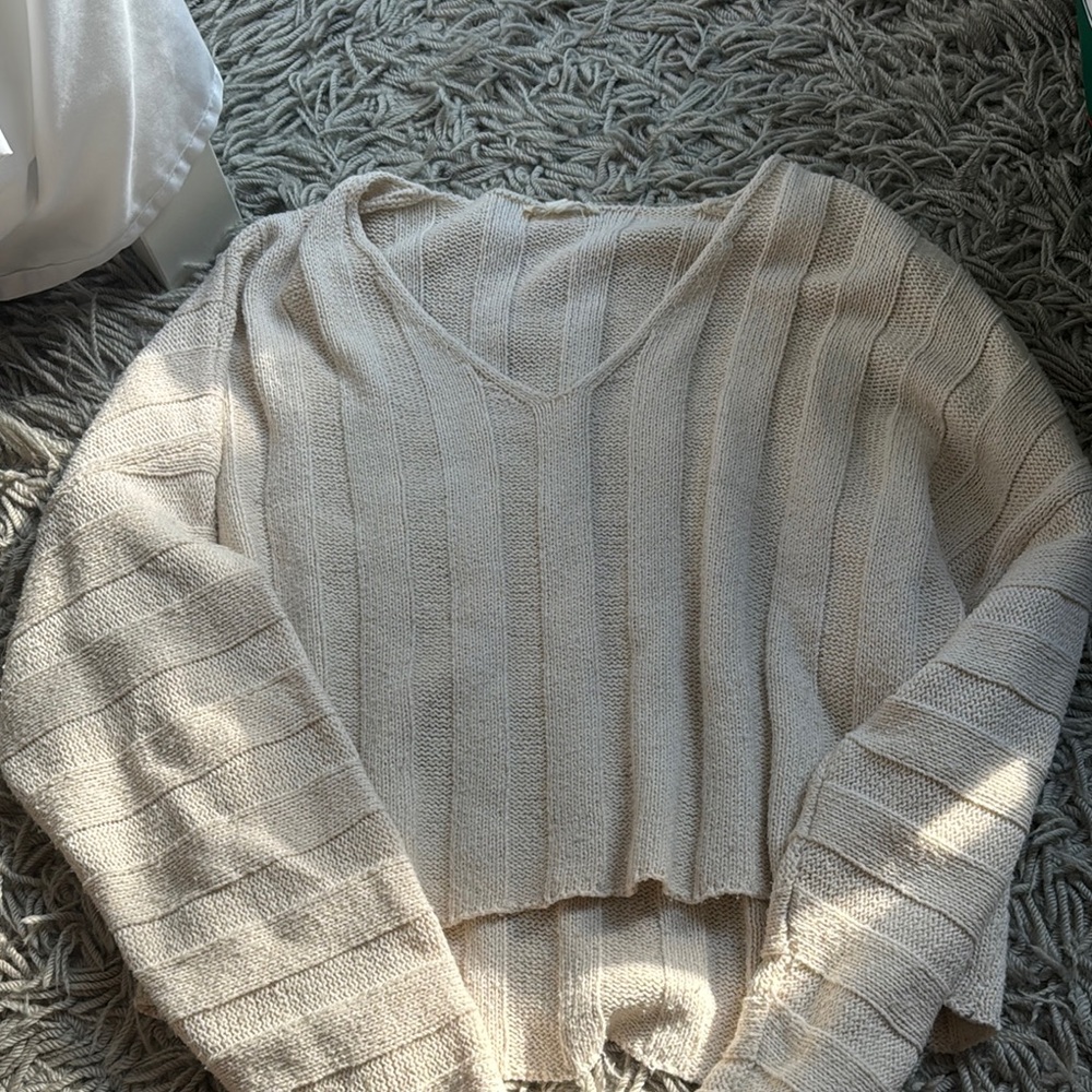 PacSun Cream V-Neck Sweater Ribbed Knit